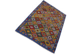 Flat Weave Kilim Antique Navaho Vintage handmade Geometric Kilim Brown Blue Hand-Woven Rectangle 100% Wool Area Rug 5x8